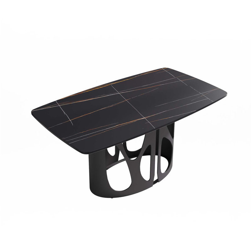 Artificial Stone Curved Dining Table Iron Metal Legs(Only Table), 29.53"H x 63"L x 35.43"W, Black