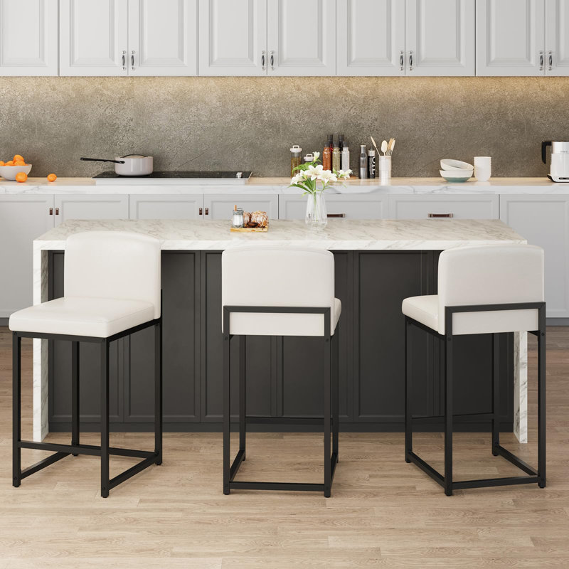 Counter Height Bar Stools Set of 2 with Back, PU Leather Upholstered Island Chairs with Metal Legs for Kitchen, Bar & Counter