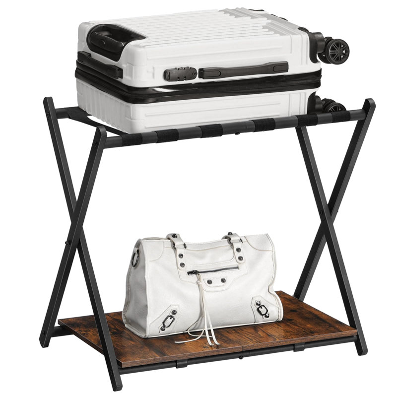 Porte-bagage pliable brun / noir pour chambre d'amis / chambre à coucher / garde-robe / hôtel - sans assemblage, double rangement, capacité de 110 lb