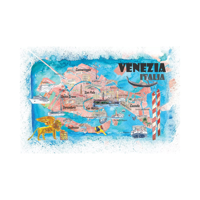 Venice Italy Illustrated Map With Main Canals Landmarks And Highlights by Markus & Martina Bleichner - Wrapped Canvas Painting