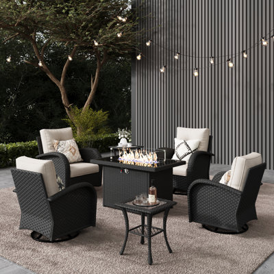  7 Pieces Outdoor Patio Furniture Set With Fire Pit Table, Rattan Wicker Sectional Swivel Rocker Chairs Sets