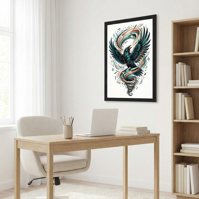 Toile noire encadrée en bois noir pour le salon, la chambre à coucher, le bureau ou le vestibule - décoration murale décorative avec oiseau mythique