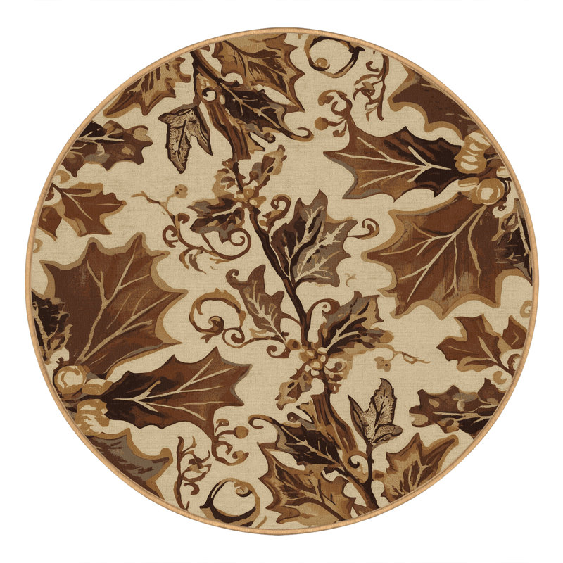 Machine Washable Orlandra Holly Classic Damask Rug in Brown – LightBrown Binding, 4' Round