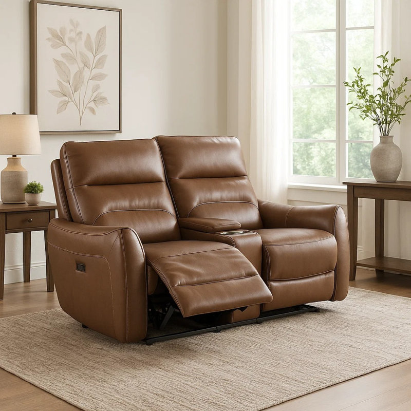 Causeuse inclinable électrique 63 po Teren, cuir fleur brun, porte-gobelets Teren, Brun caramel