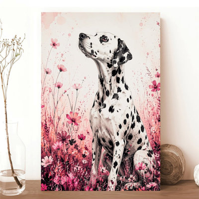 Canvas Wall Art Dalmatian Dog In Pink Flower Field Art Print Vintage Poster Print Home Decor