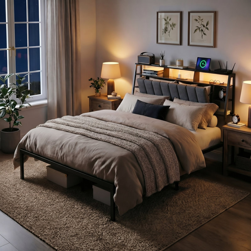 Base de lit rembourrée avec lumières à DEL RVB et station de charge, lit plateforme intelligent sans sommier, Grand lit