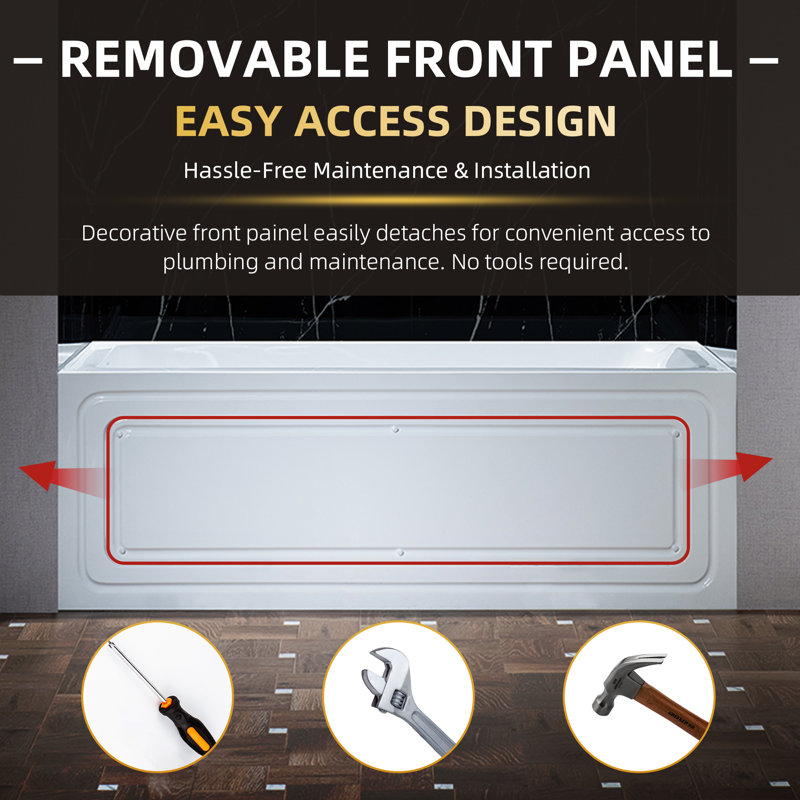 60" x 32" Alcove Acrylic Rectangular Whirlpool and Air Heated Tub in White with Left/Right Drain, 3 Finish Trim Option, Left