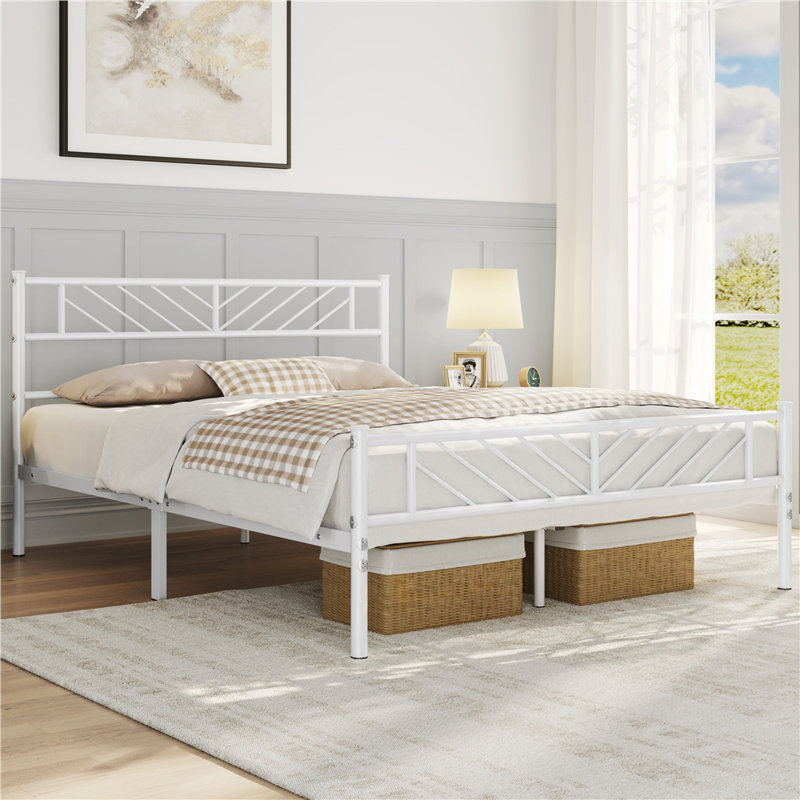 Minimalist Metal Slatted Bed Platform with Arrow Design Headboard, Kingsize (5'), White