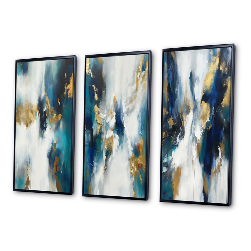 Indigo Awakening abstrait en bleu et or - ensemble de 3 peintures abstraites, Cadre flottant noir, H 28 po x l 36 po