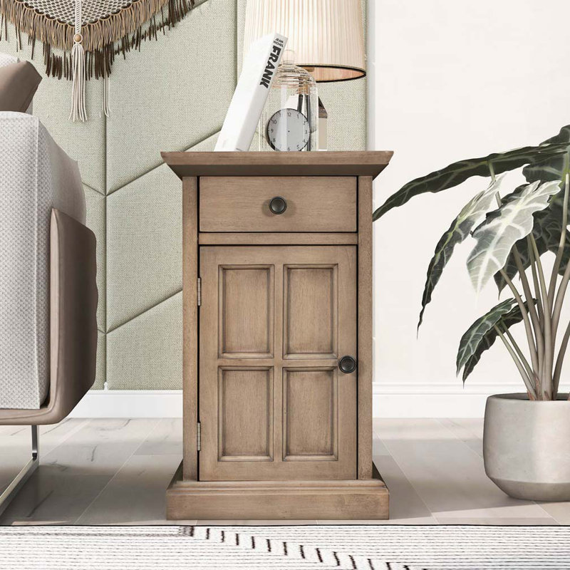 Table d'appoint avec ports USB et un tiroir multifonctionnel avec porte-gobelets, Brun antique