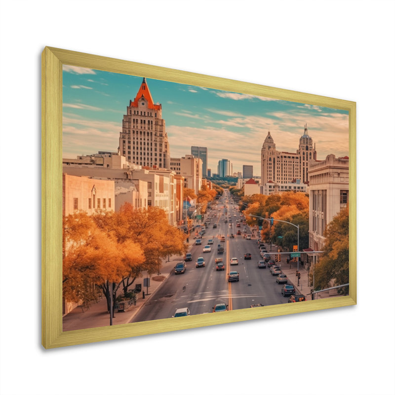 Austin Austin, paysage urbain dynamique I, H 24 po x l 32 po x P 1 po, Encadrement doré