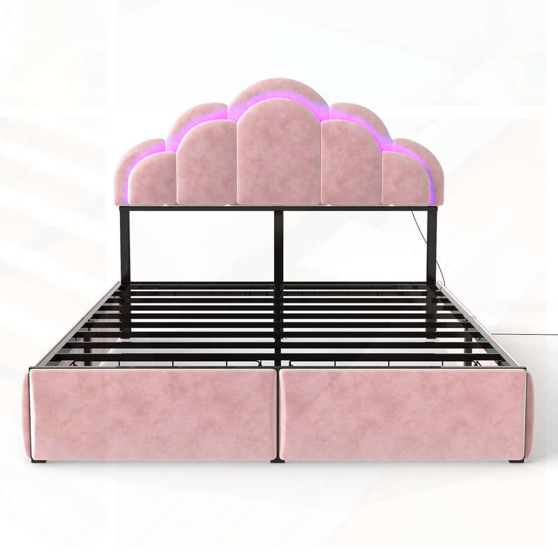 Lit plateforme moderne en velours avec lumières à DEL RVB, tête de lit élégante à pétales et tiroirs de rangement sous le lit - aucun sommier requis