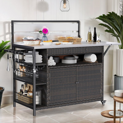 Kahlea Vintage Indooe/Outdoor Bar Cart, Kitchen Cart Portable Outdoor Table with Stainless Steel Countertop, Drawers and Wine Glass Holder by Red Barrel Studio