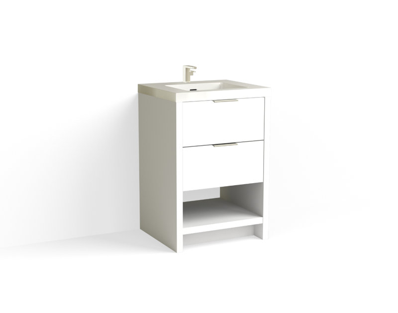 Vue 24" W Freestanding Single Bathroom Vanity, Matte White/Single, Polished Nickel, White Nanomatte