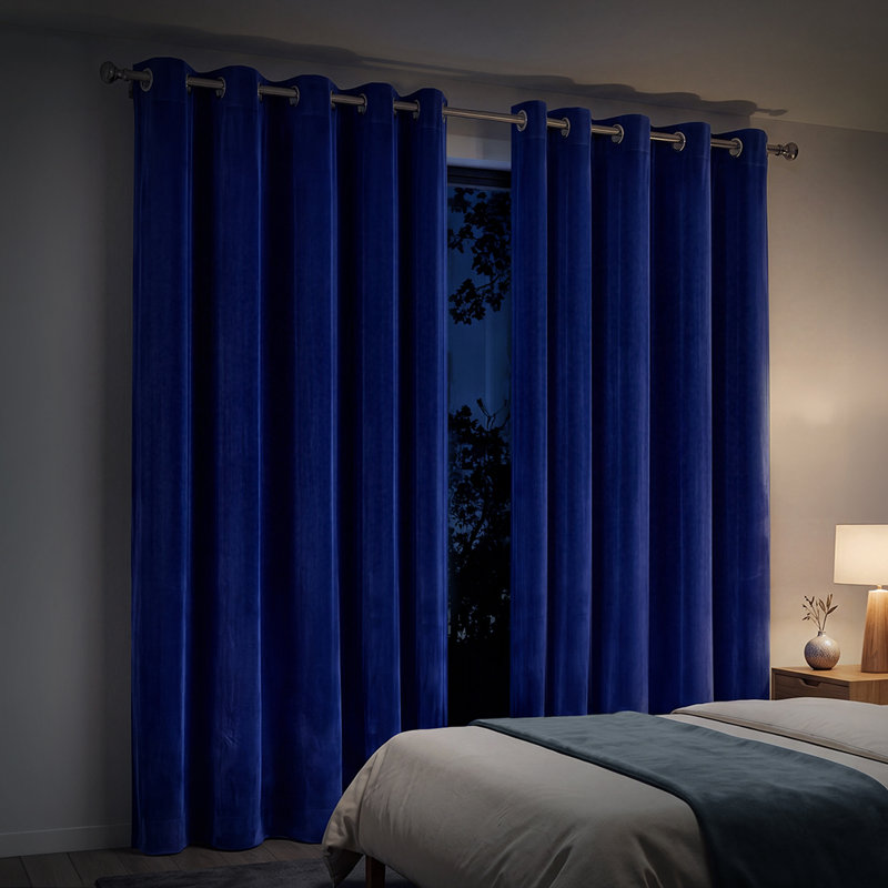  Thick Thermal Blackout Curtains Velvet 66x90 Inch Eyelet Ring Top Blue