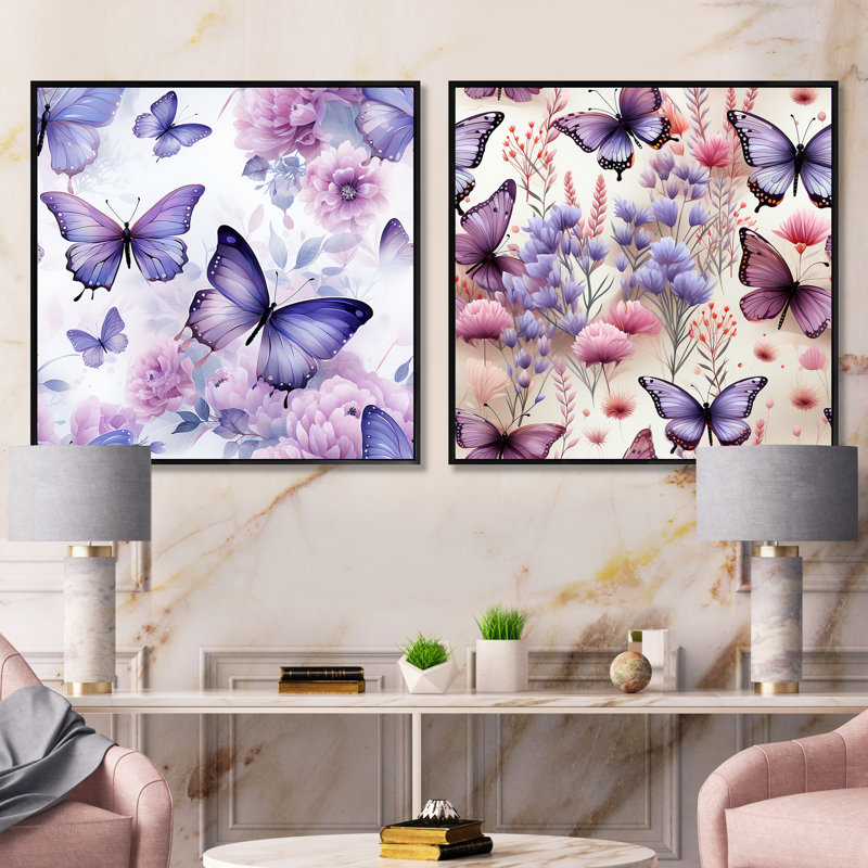 Fluttering Purple Butterflies Pattern - Animals Butterfly Square Collage Set Of 2, Black Floater Framed, 16" H x 33" W