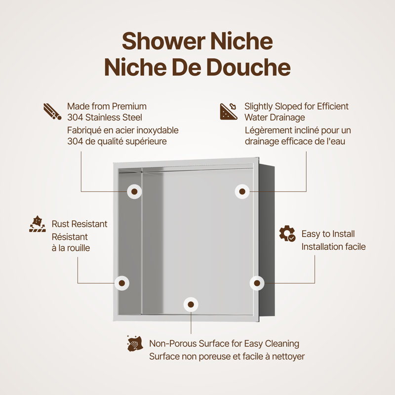 Niche de douche encastrée en acier inoxydable 304 calibre 18 de 18 po Cantrio SN-1212, Chrome poli