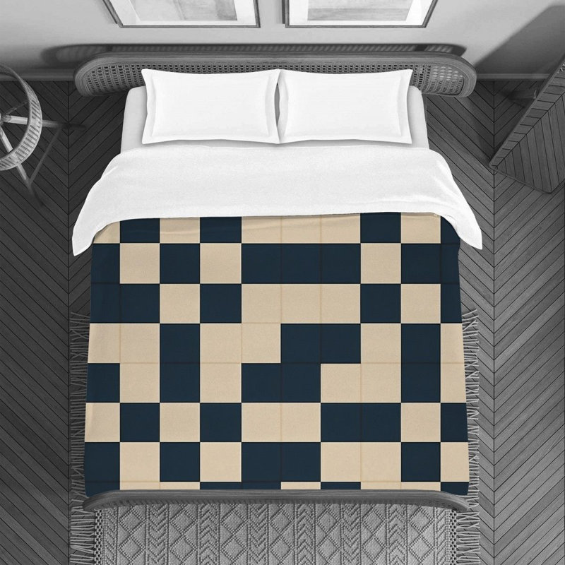 Housse de couette , Housse de couette pour lit simple, Bleu marine / beige à carreaux