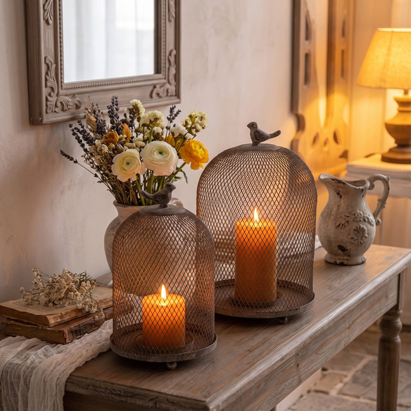 Ensemble de porte-bougie 2 pièces en grillage métallique, lanterne cloche en forme de dôme rustique pour table et console