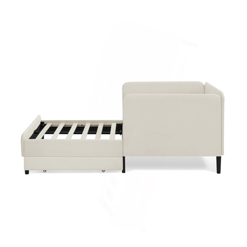 Structure de lit simple tapissier avec 2 tiroirs de rangement, canapé-lit réglable en velours, beige