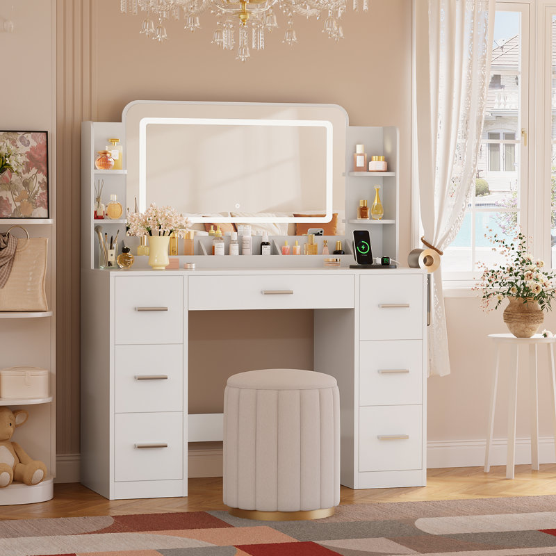 Vanity Desk with Mirror and Lights, 43.3" Makeup Vanity with 7 Drawers, LED Mirror, Charging Station & Hair Dryer Rack, White