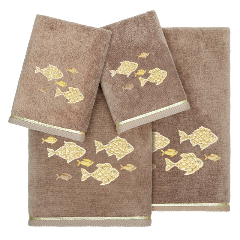 FIGI 4PC Embellished Towel Set 4 Piece Turkish Cotton Towel Set, Cocoa