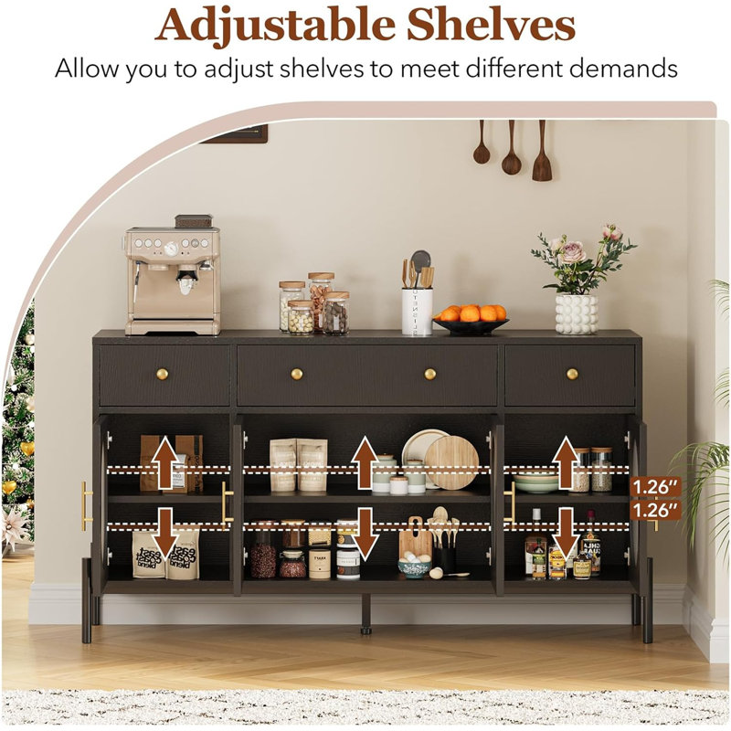 Black Iron and Engineered Wood Buffet Cabinet with Fluted Glass Doors