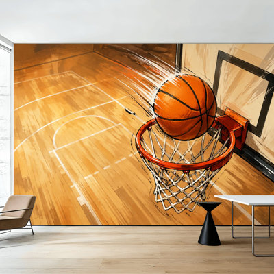 Peler et coller le papier peint de la chambre d'enfant, panier de basketball, mouvement de balle, cour en bois, art mural, auto-adhésif et amovible