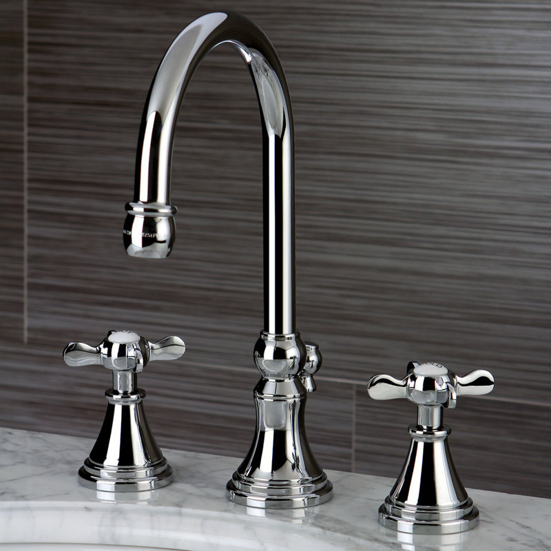 Kingston Brass Essex Two-Handle 3-Hole Deck Mount Widespread Bathroom Faucet with Brass Pop-Up Drain, Polished Chrome