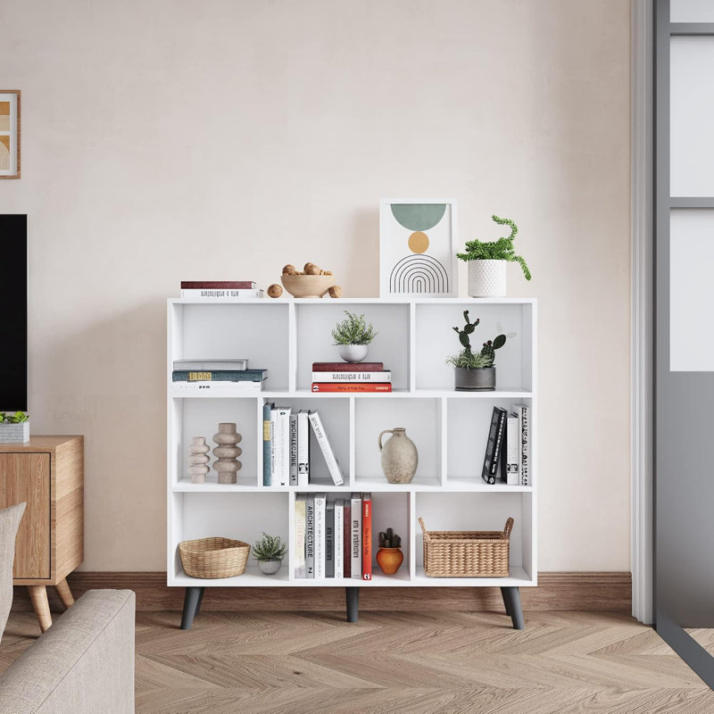 WAHEY Bookcase, 10 Cube Open Storage Display Bookshelf With Legs, HOFB013, 36.8"H x 47.2"W x 9.4"D, Ivory White