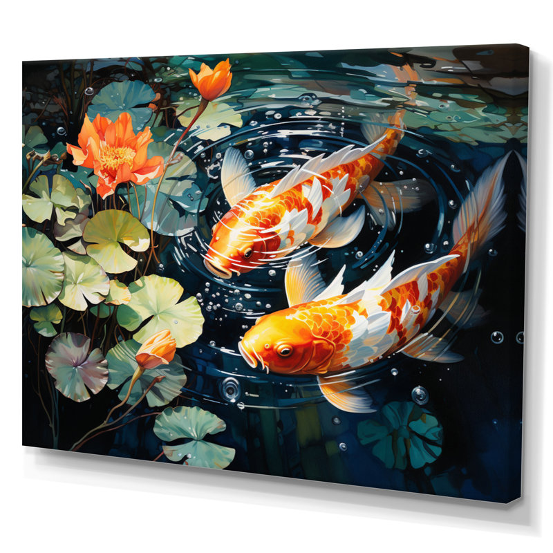 Art japonais encadré jaune et rouge, Japon, Koi III, Toile tendue, H 12 po x l 20 po x P 1 po