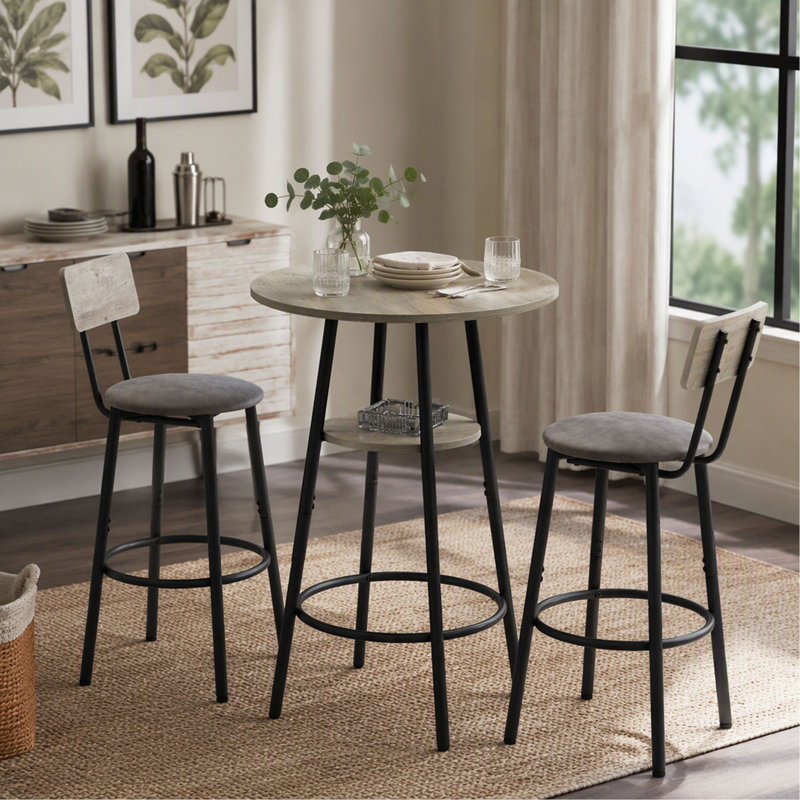 Ensemble de tabourets de bar ronds avec tablette, tabouret rembourré avec dossier, 60 cm L x 60 cm P x 90 cm H, Grey / Black