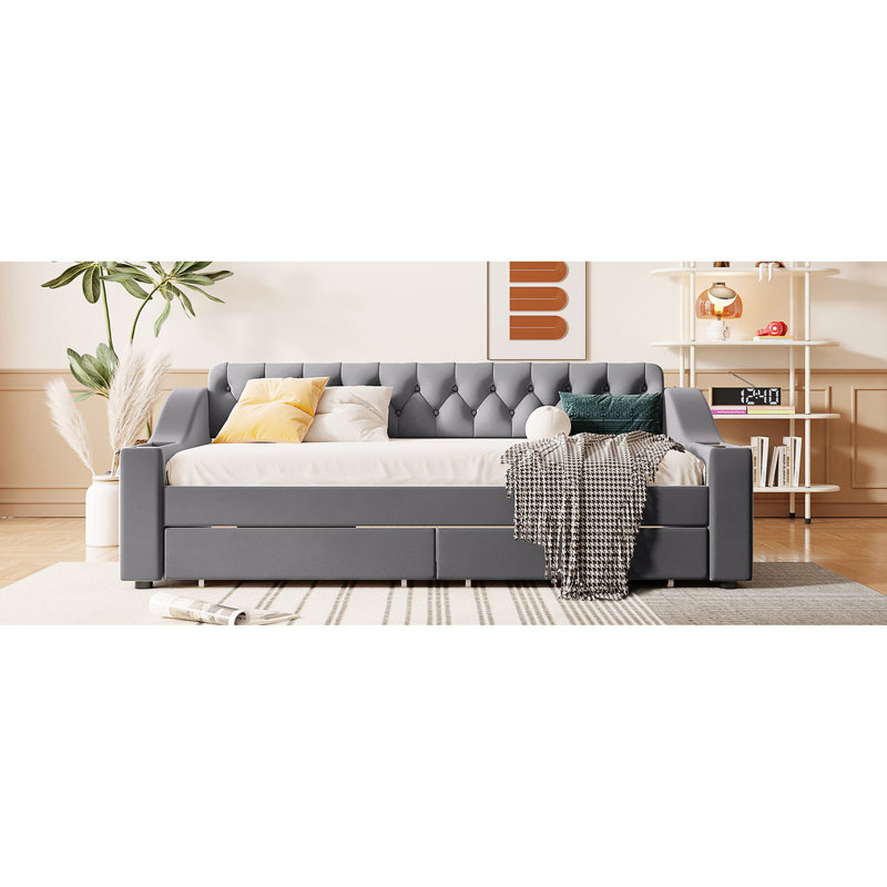 Lit de jour simple rembourré gris avec rangement et espace de repos confortable