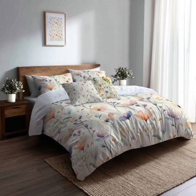 Teens Whimsical Florals 5 Pcs Bedding Set - Playful Colorful Flowers Magic Gardens Duvet Cover And Throw Pillow Set