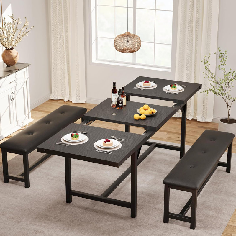 Ensemble de table de salle à manger extensible 3 pièces 63 po pour 4 à 6 places - Ensemble de salle à manger rectangulaire contemporain avec 2 bancs rembourrés - Robuste, facile à assembler, parfait pour les appartements - Noir