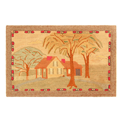 Antique Hooked Rug, Beige And Cream With Homestead Pictorial - Rug & Kilim