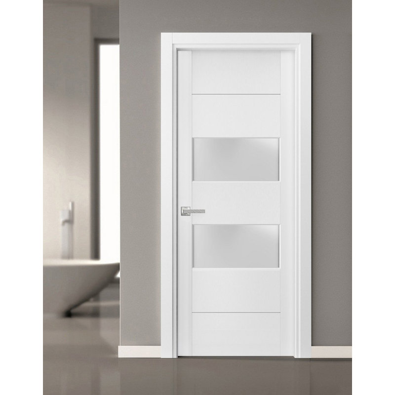 Porte de ville française pleine prémontée, vitrage dépoli à 2 battants, Lucia 4010 Blanc Soie, panneau simple standard, cadre, poignées, porte robuste pour salle de bain ou chambre - 45,7 cm x 243,8 cm