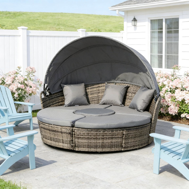 Lit de jour rond convertible 4 pièces pour extérieur, avec auvent rétractable, gris, coussins épais et rembourrés, pieds réglables pour terrain inégal, coussins épais et coussins décoratifs inclus, assemblage requis