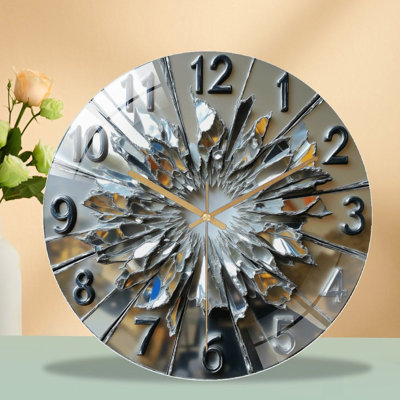 Mirrored Broken Clock Wall Art Decor with 2D Design Art - 12'' Modern Glass Wall Clock