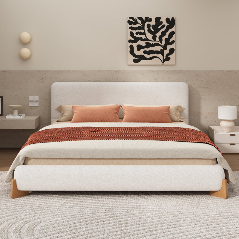 Lit tapissier très grand avec structure en bois massif et lattes, lit plateforme de luxe moderne, blanc, Très grand lit