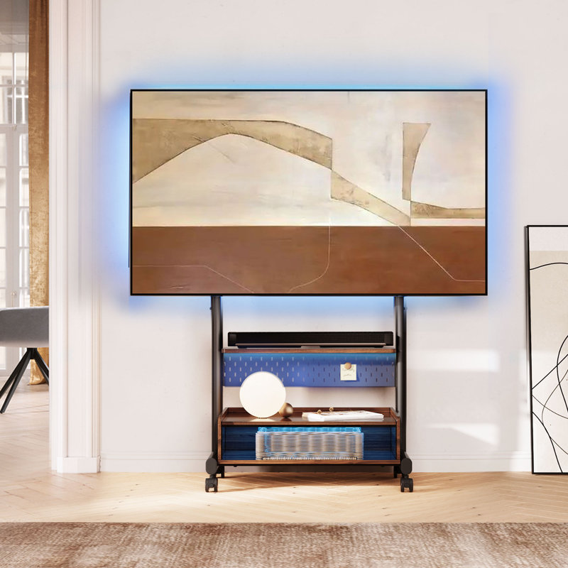 Art FITUEYES Mobile TV Stand Mount for 40-85 Inch TVs,with One Wooden Large Storage,with LED Light