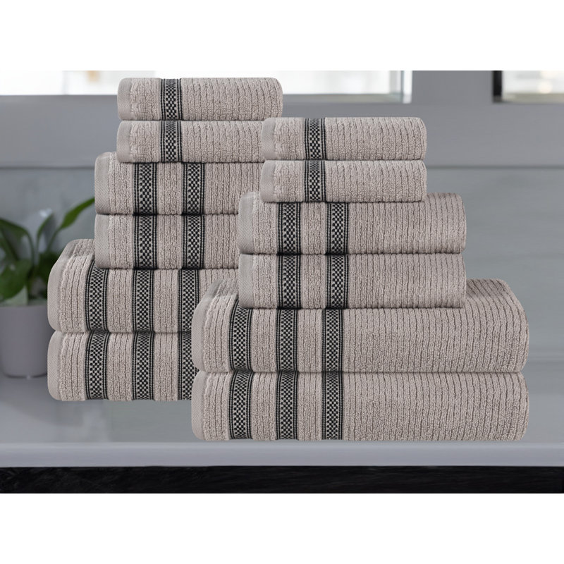 Orletta Zero Twist Cotton Ribbed Modern Geometric Border Soft Highly-Absorbent Assorted 12 Piece Bathroom Towel Set, Gray