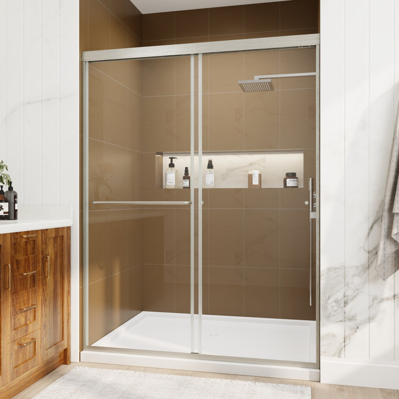 50" - 54" W X 70" H Single Sliding Semi-Frameless Shower Door With 1/4" Tempered Glass, Brushed Nickel
