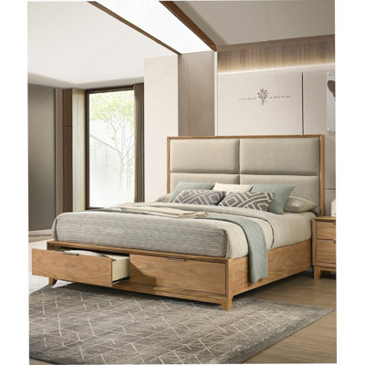 Queen Storage Platform Bed With Ultra-Plush Upholstered Headboard And Two Footboard Drawers, Solid Wood, Natural Finish