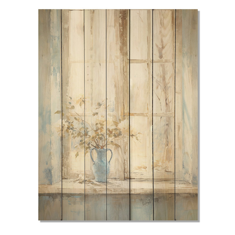 Impression florale blanche et bleue minimalisme I - fenêtres de ferme sur bois, H 40 po x l 30 po