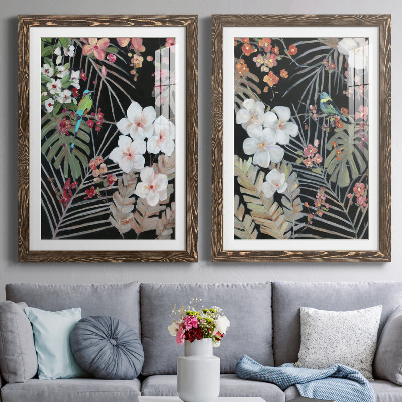 Tropical Midnight I - ensemble de 2 reproductions d'art, H 31,5 po x l 47 po x P 1,5 po, Papier, cadre noyer, Blanc