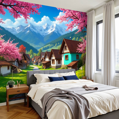 Peel and Stick Wallpaper 144" W x 100" H Modern Self Adhesive Wall Mural for Bedroom Charming Village Street Cobblestone Path Colorful Houses Blooming
