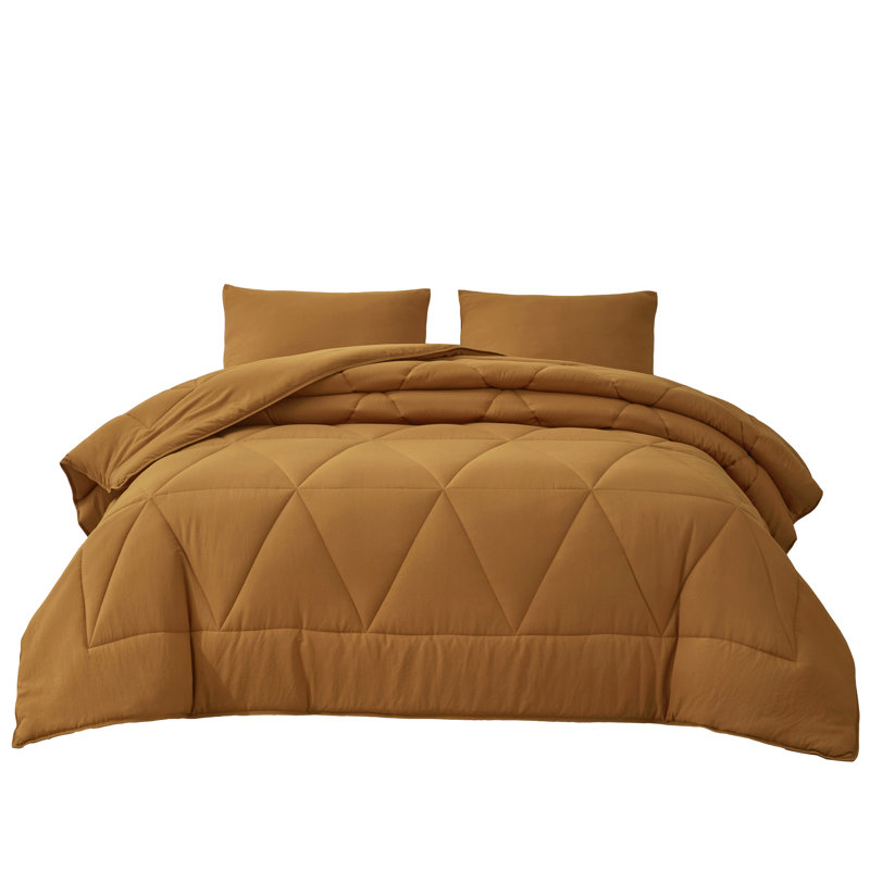 Washed Microfiber Bedding Polyester Comforter, King Comforter + 2 King Shams, Yellow