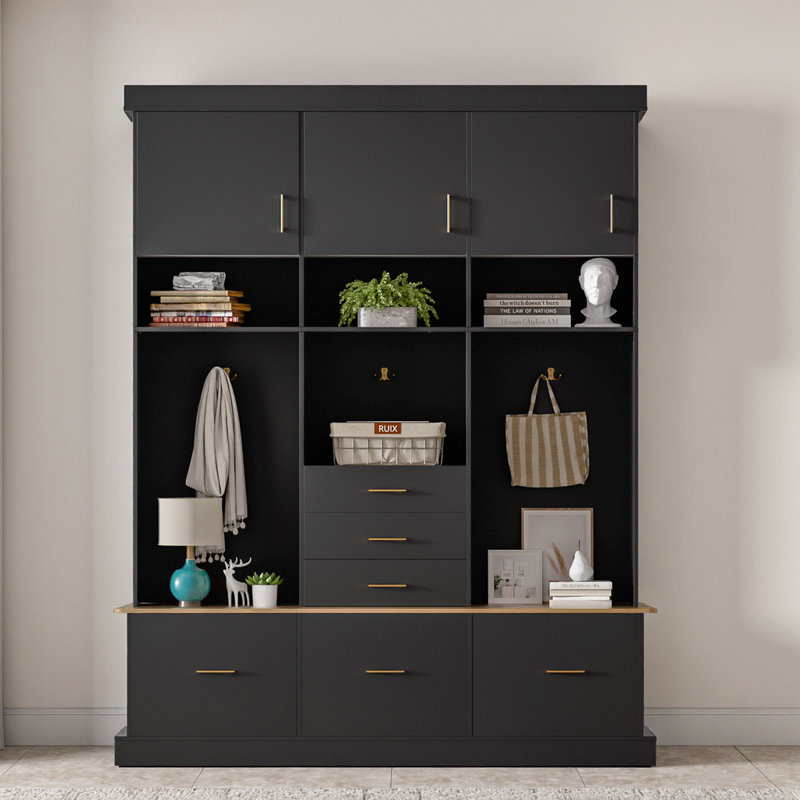 5-in-1 Modern Hall Tree with Bench & Coat Rack – 6 Drawers, 3 Cabinets, 3-Tier Storage for Entryway/Hallway/Living Room/Mudroom