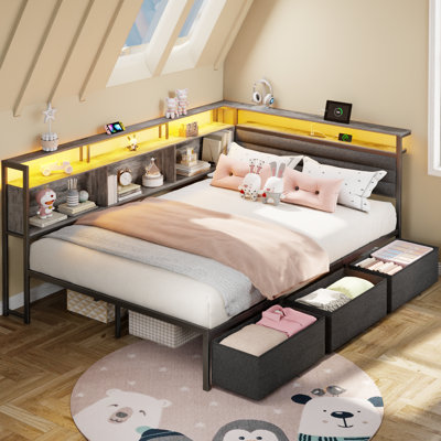 Corner Daybed Frame with Storage Bookcase & 3 Drawers, LED Lights and Built-in Charging Station